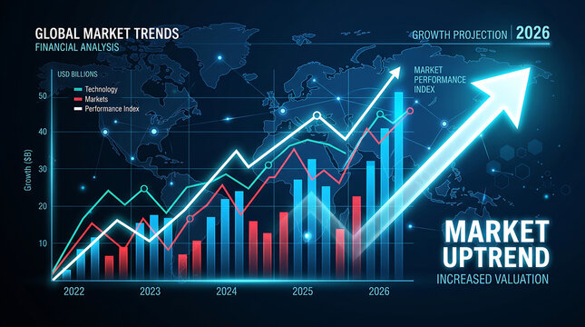Global market trends financial analysis with growth projection to 2026 showing increasing valuation and market performance index