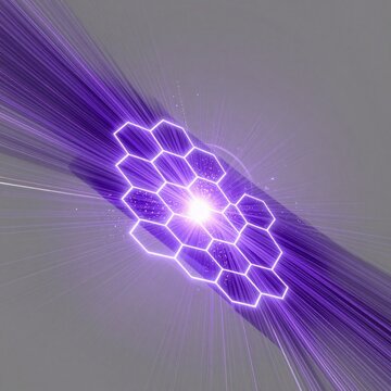 abstract digital art piece purple white color scheme center hexagon shaped structure small interconnected hexagons hexagons arranged symmetrical pattern hexagon having different color purple white