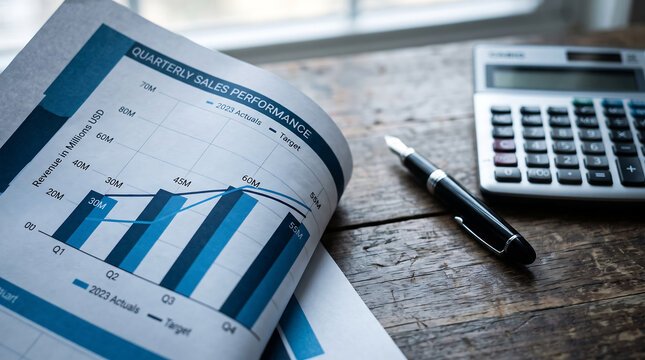 Business analysis with sales performance chart calculator and pen on a wooden desk representing financial growth and data analysis