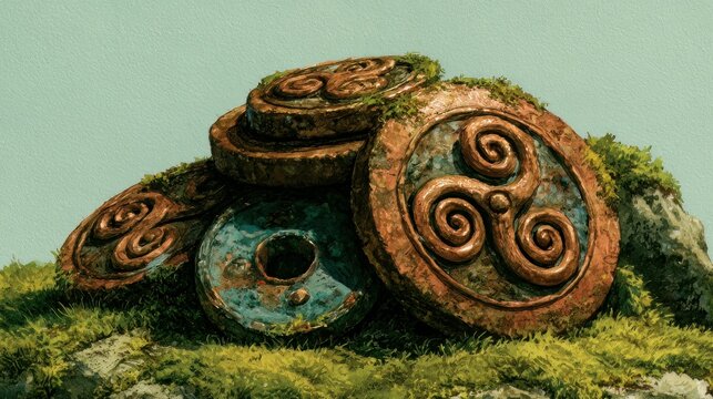 Ancient Celtic Triskelion Artefacts Overgrown with Moss