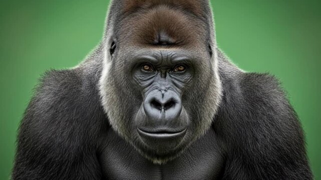 A close up portrait of a silverback gorilla looking directly at the camera