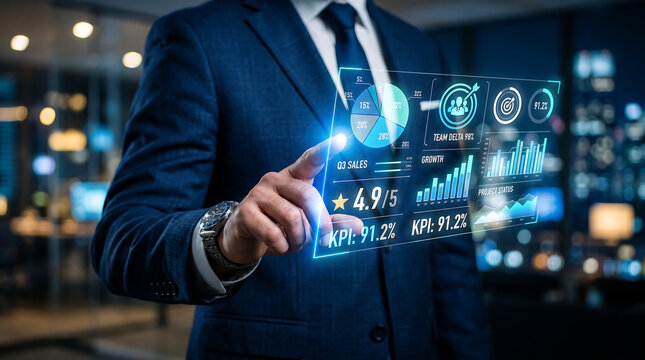 Businessman interacting with a glowing holographic data display showing sales charts and key performance indicators in a modern office setting