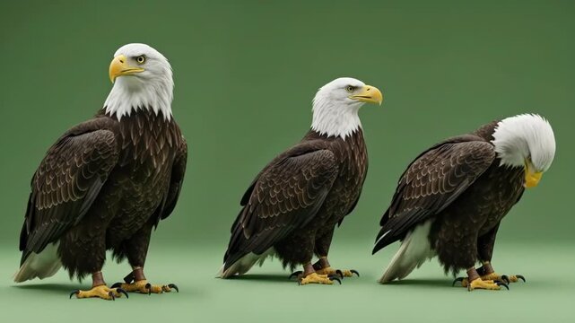 Three majestic bald eagles standing together against a solid green background