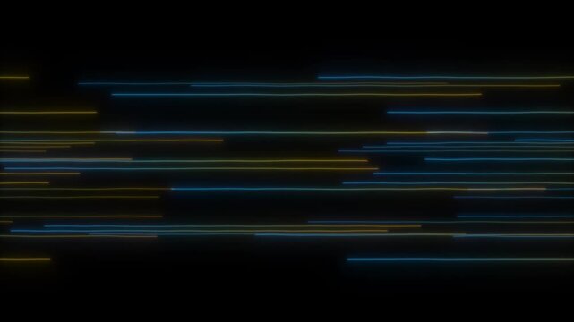 Glowing blue and gold horizontal digital noise lines streaming with glitch effect on dark black background.