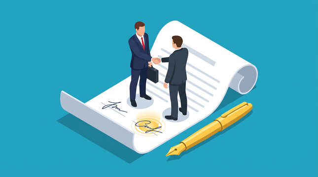 Isometric illustration of a business agreement with two men shaking hands over a document and a golden pen