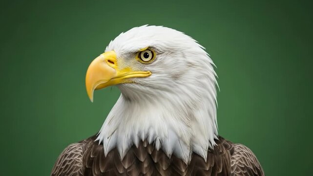 A close portrait of a majestic bald eagle against a muted green background