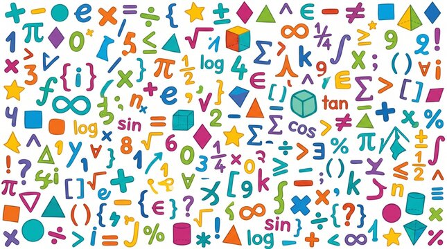 "Playful colorful mathematical symbols scattered on white background, featuring operators, constants, and shapes in vibrant educational artistic style."
