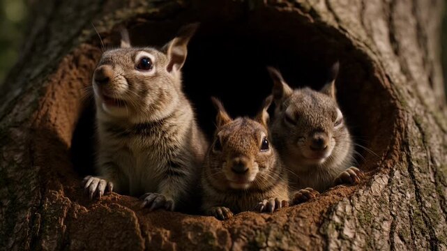 Three Cute Squirrels Peeking Out From A Tree Hollow In The Forest.