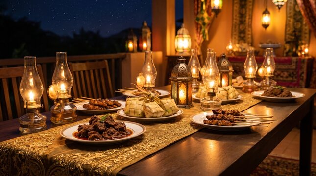 Traditional Hari Raya Feast Table with Rendang Satay and Ketupat