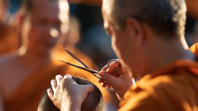 Faceless man having his head shaved by an elder monk before an ordination ceremony, spiritual tradition and ritual concept, with copy space