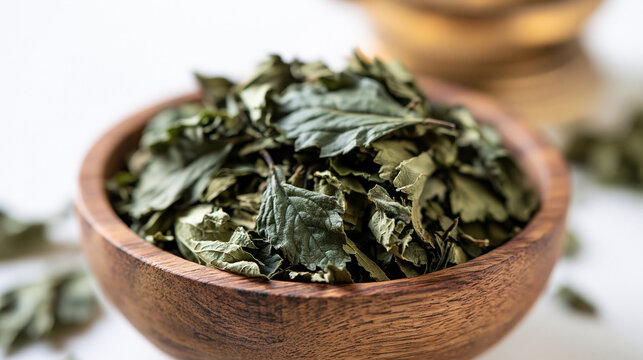 Dried patchouli leaves displayed in a wooden bowl, showcasing their medicinal and aromatic properties on a white background, with copy space