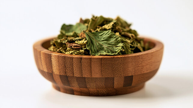 Dried patchouli leaves displayed in a wooden bowl, showcasing their medicinal and aromatic properties on a white background, with copy space