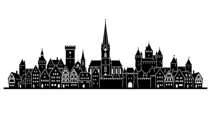 Fototapeta premium Black silhouette vector illustration of a medieval European town skyline featuring historic castles and tall cathedral spires on white background