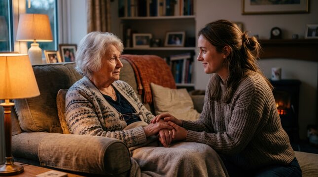 Caring granddaughter holds hands with her elderly grandmother offering comfort and support.
