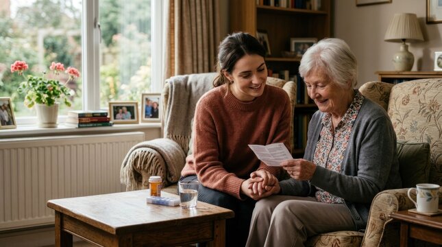 Caring granddaughter shares happy memories with her elderly grandmother at home.