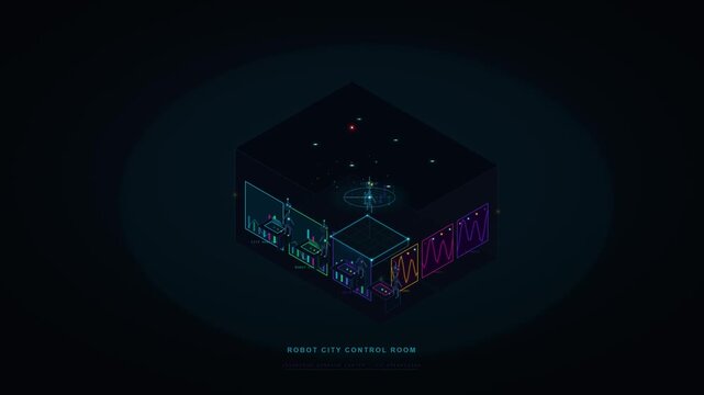 Robot City Control Room with a Bot Operator Managing Futuristic Holographic Interfaces and Animated Data Visualizations in an Isometric View