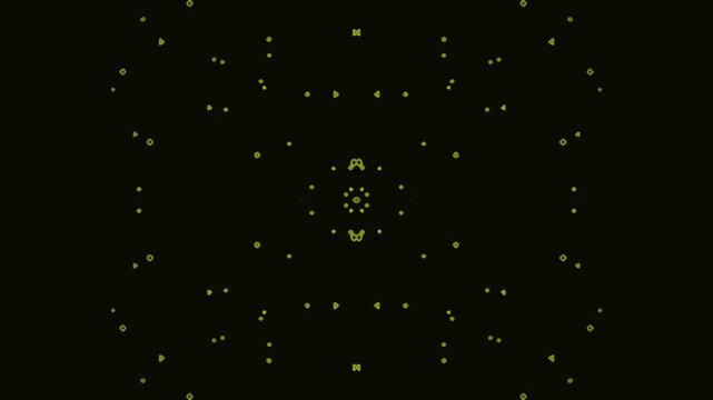 Abstract geometric pattern with symmetrical yellow dots on dark background