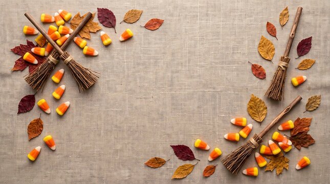 candy corn with mini witch brooms and autumn leaves on linen background