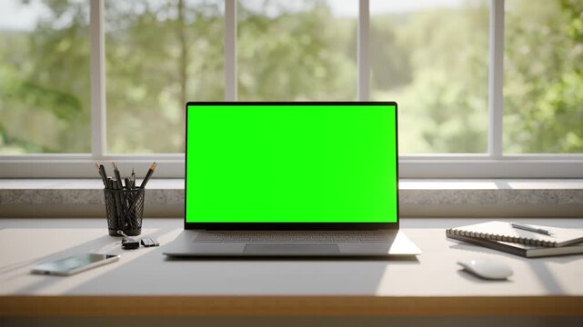 Laptop with Green Screen Mockup on Desk in Minimalistic Office Interior - Front View