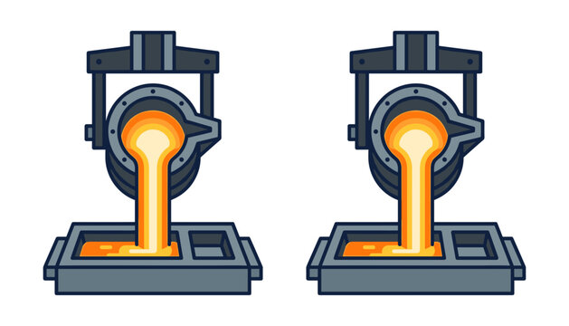 Industrial Foundry Molten Metal Pouring Ladle Vector Icon Set with Hot Liquid Steel Casting into Molds for Heavy Metallurgy Factory Designs
