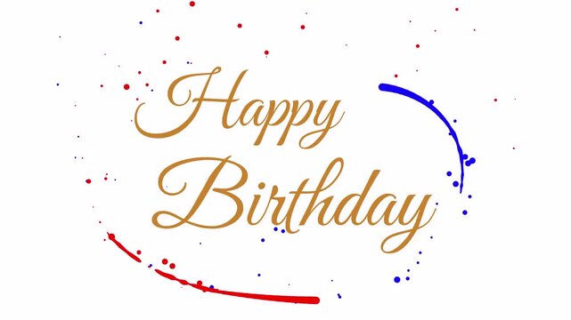 Elegant gold cursive Happy Birthday text animation with colorful paint splashes and artistic ink swirls on a transparent alpha channel background for festive celebrations
