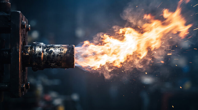 Industrial flare stack burning natural gas with intense orange flames and smoke, representing energy production, fossil fuels, and pollution.