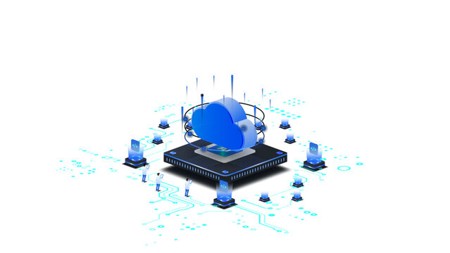 Ai cloud computing isometric vector illustration. Cloud Computing Technology Concept with Digital machine learning.