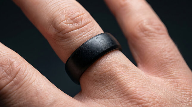 Detailed macro view of a matte black wedding band on a man's finger with accessory marriage commitment minimalist engagement masculine textured personal wearable