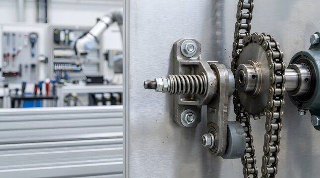 industrial spring loaded chain tensioner assembly beside precision roller chain for automated machinery maintenance and drive control