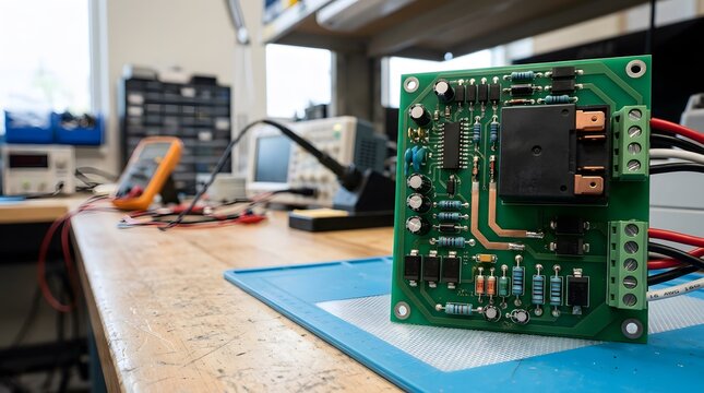 industrial electronic power relay driver circuit populated with precision components for automated switching and control