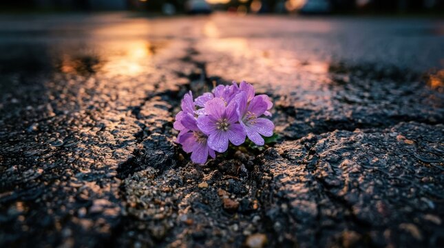 Delicate Purple Flowers Bloom Through Cracked Asphalt at Sunset.