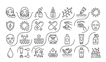 Fototapeta premium Minimal Skincare and Facial Protection Line Icon Collection with Sunscreen and Serum