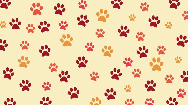 Seamless Colorful Dog vibrating and wobbling Paw Print Pattern on Cream Background - Warm Red Orange Yellow Pet Footprints