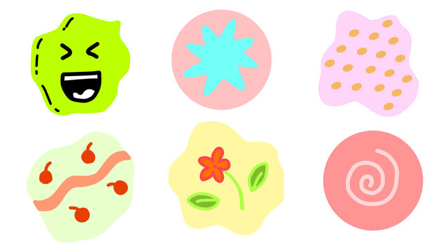Illustration collection of cute abstract organic shapes, playful doodles, smiling faces, and floral elements.