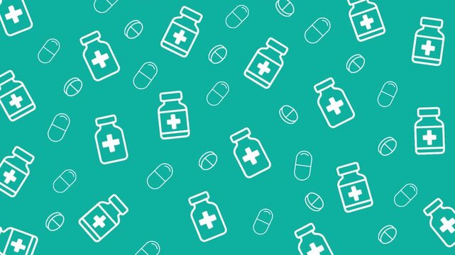 Seamless Medical Pattern with White wobbling and pulsing Medicine Bottles and Pills on Teal Green Background - Pharmacy Healthcare graphic resource video