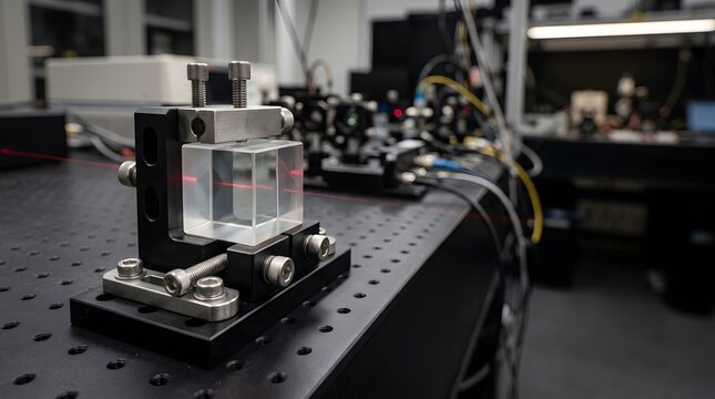 laboratory beam splitter cube secured on optical breadboard with precision stainless steel mount for laser beam control