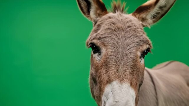 A close up portrait of a donkey showing its soft snout against a green screen