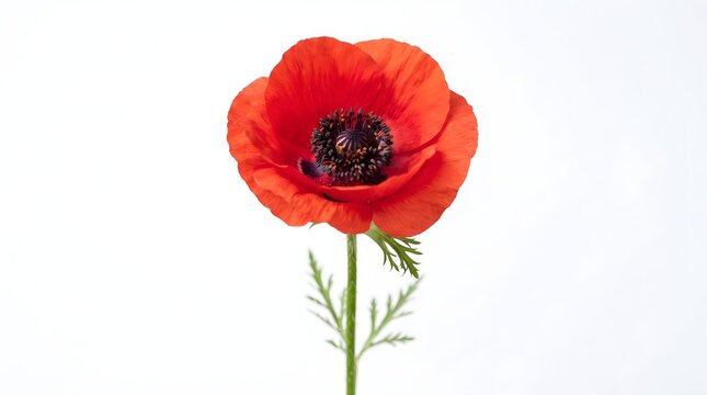 Single red poppy flower stem isolated on clean white background with blooming