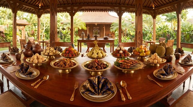 Traditional Indonesian Feast Laid Out on Wooden Table in Joglo