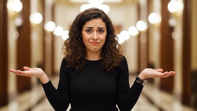 A young woman with curly hair showing a gesture of confusion and uncertainty