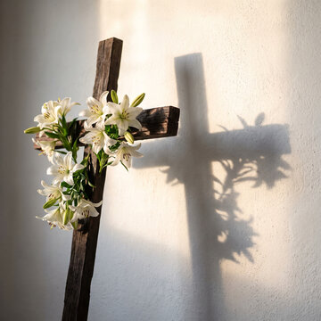Wooden cross adorned with white lilies casting a shadow on a wall  