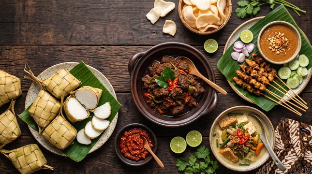 Indonesian Festive Food Flat Lay with Rendang Ketupat and Satay