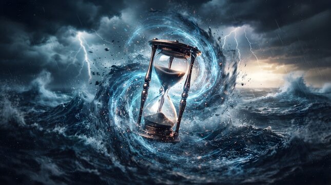 Hourglass standing in the center of a powerful stormy ocean with massive waves