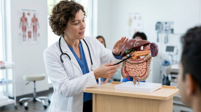 Doctor explaining human digestive system anatomy model to students in classroom