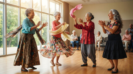 Naklejka premium Joyful senior women dancing together in bright community hall, active aging and friendship