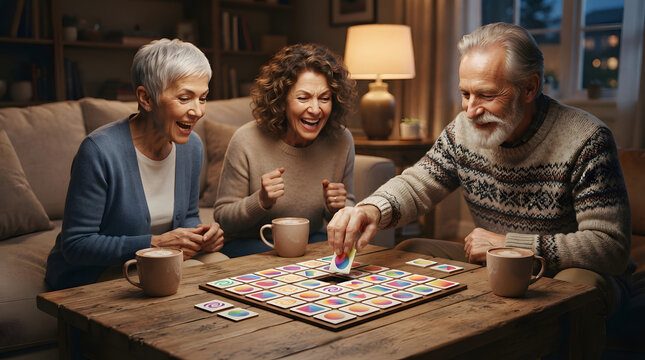 Senior friends laughing over memory board game on cozy evening, brain fitness and social play