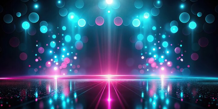 Abstract Futuristic Glowing Lightscape with Vivid Pink and Cyan Bokeh on Reflective Surface