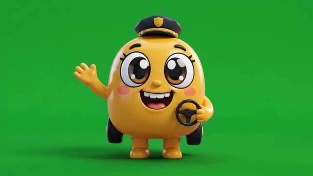 Cute 3D cartoon character with a driver's cap and steering wheel, waving hello on a green screen background.