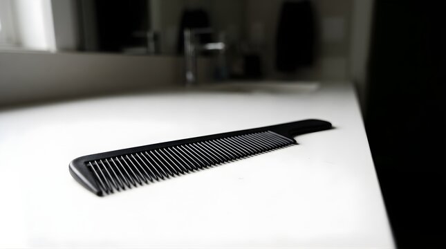 Black hair comb placed on a white bathroom counter in a minimalist home.