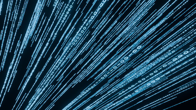 Digital data streams create dynamic visual of technology and information flow, showcasing binary code and connectivity
